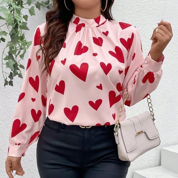 Pink Casual Women's Heart Print Stand Collar Shirt - Picture 5 of 5